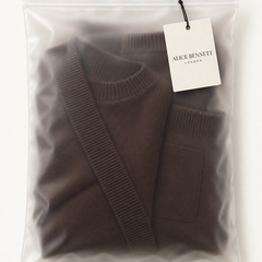 Marlowe brown knitted lounge set in Alice Bennett London matte packaging with hangtag