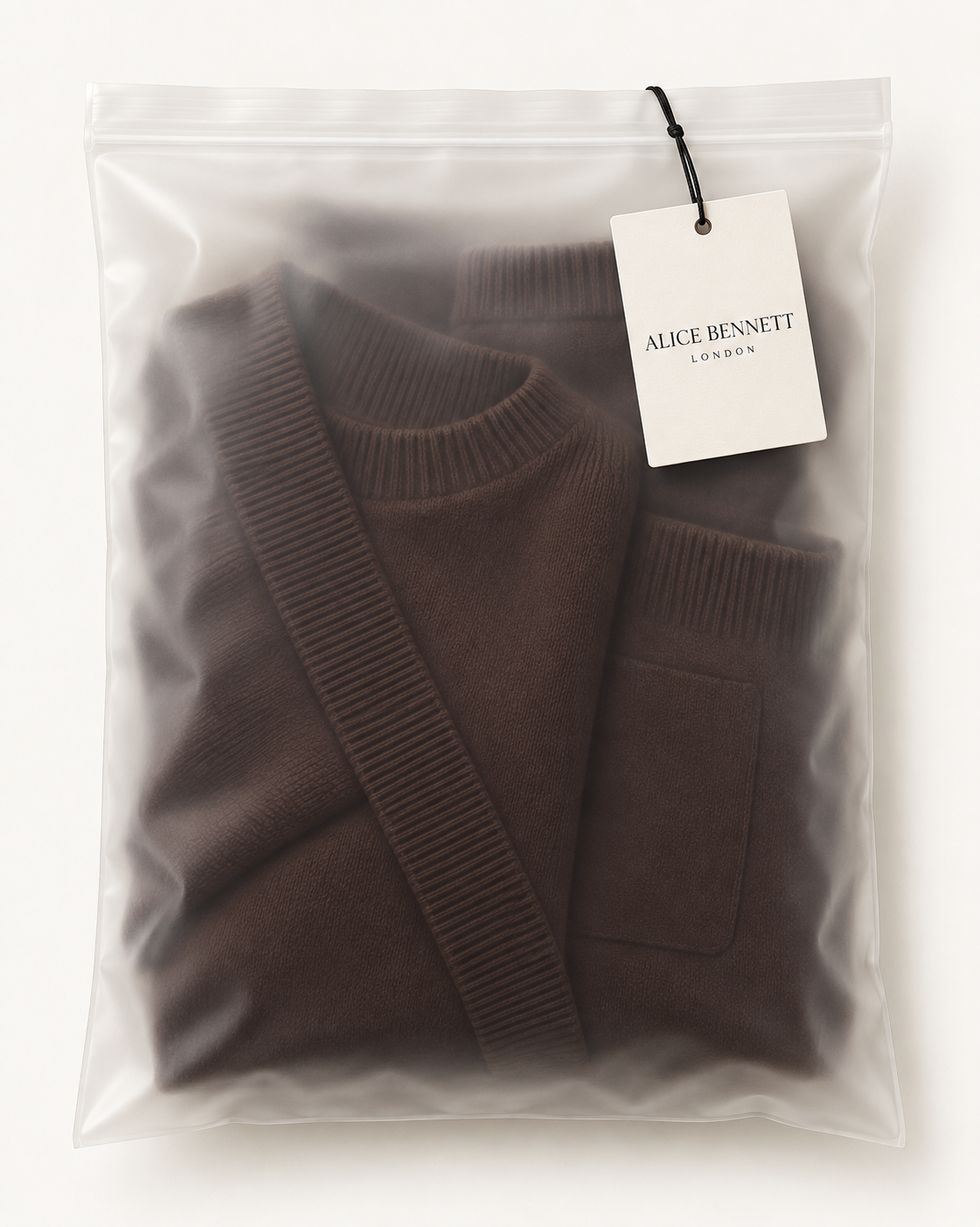 Marlowe brown knitted lounge set in Alice Bennett London matte packaging with hangtag