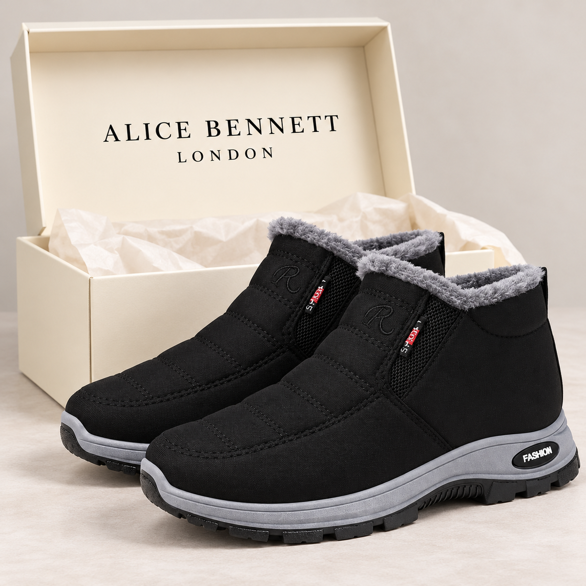 Sianna quilted faux-fur-lined slip-on ankle boots in an Alice Bennett London shoe box