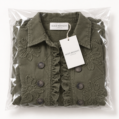 Shelaine olive green floral ruffle jacket in Alice Bennett London packaging