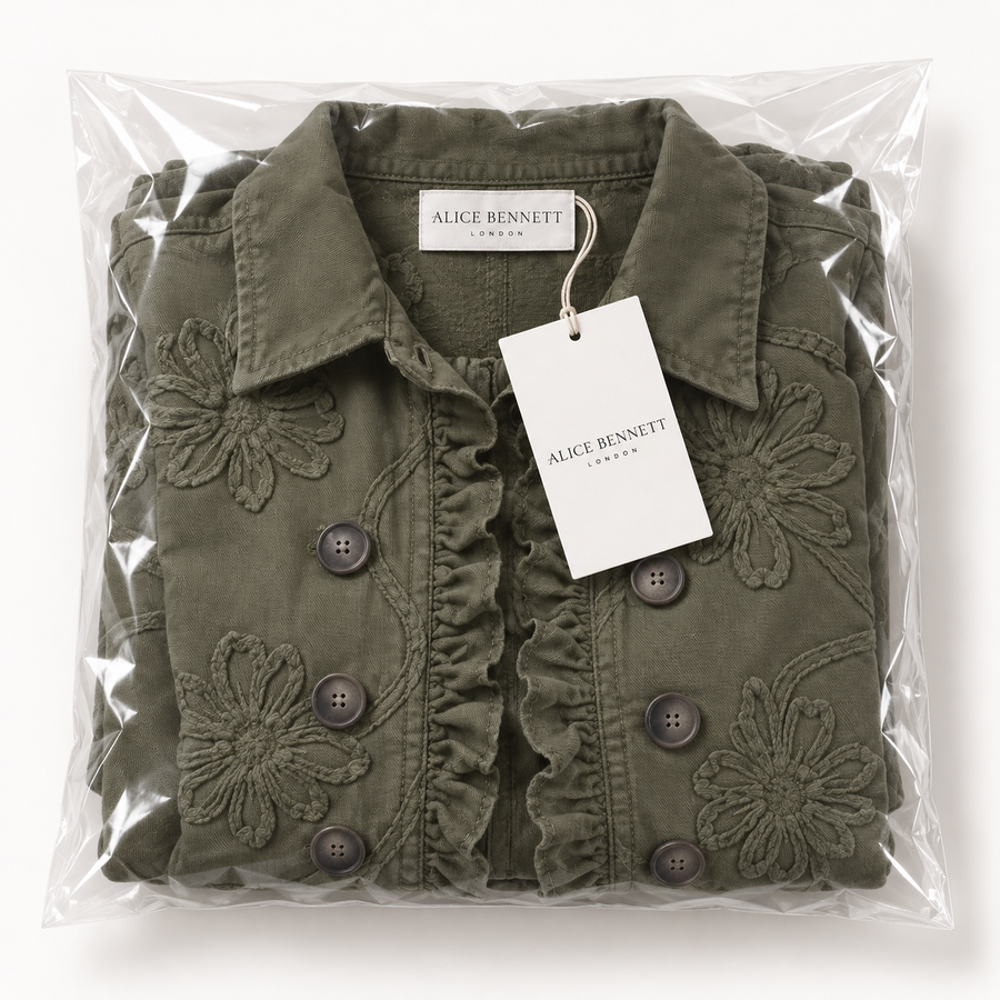 Shelaine olive green floral ruffle jacket in Alice Bennett London packaging