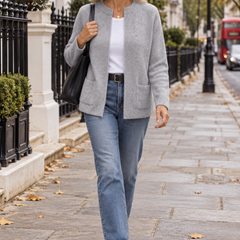 Avenelle relaxed pocket knit cardigan worn in London