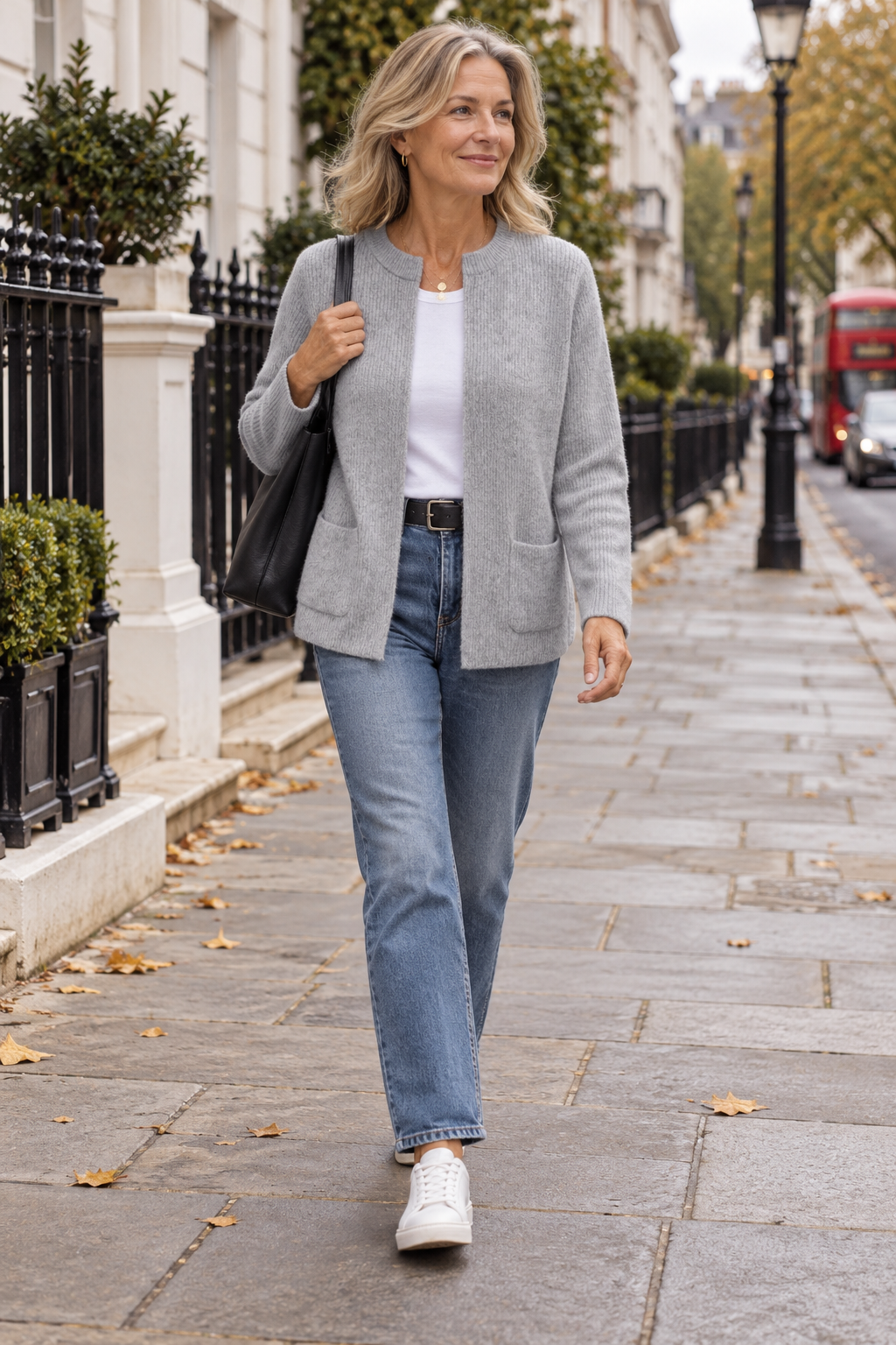 Avenelle relaxed pocket knit cardigan worn in London