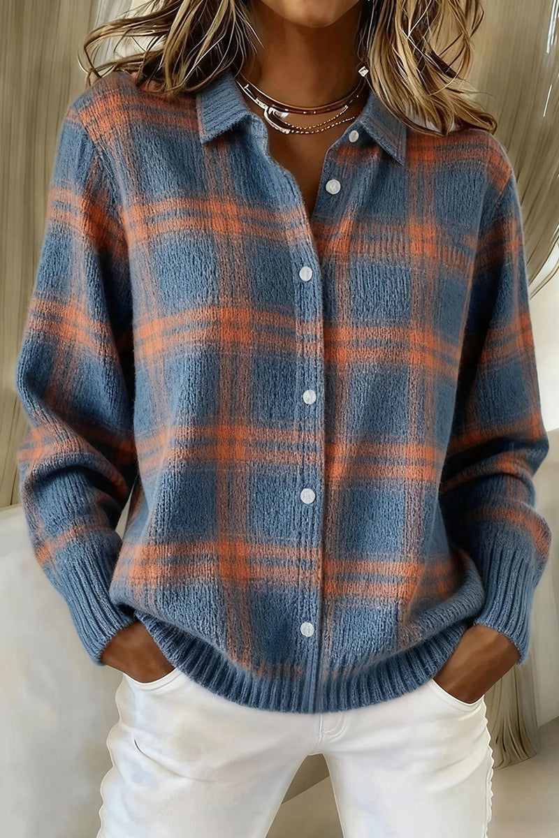 Plaid Print Casual Cotton Buttoned Cardigan Sweater