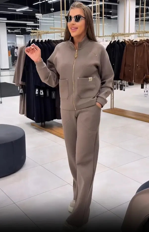 Floranique | Soft-Touch Cropped Jacket & Wide-Leg Trousers Set