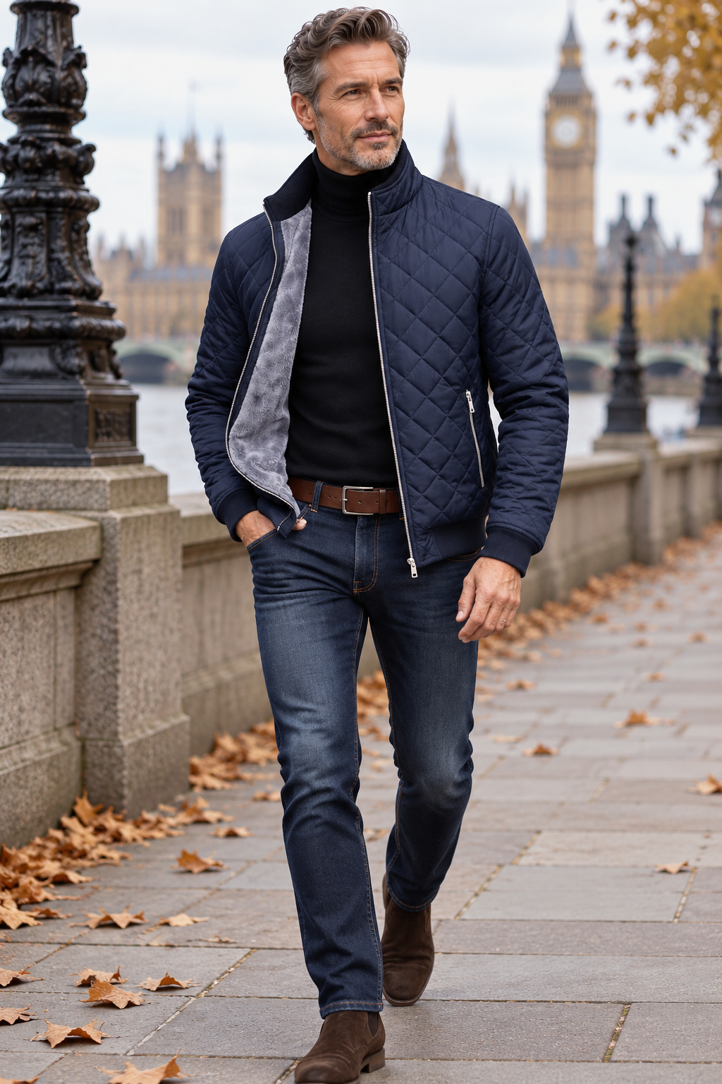 Florian modern transitional jacket worn by a man walking in London
