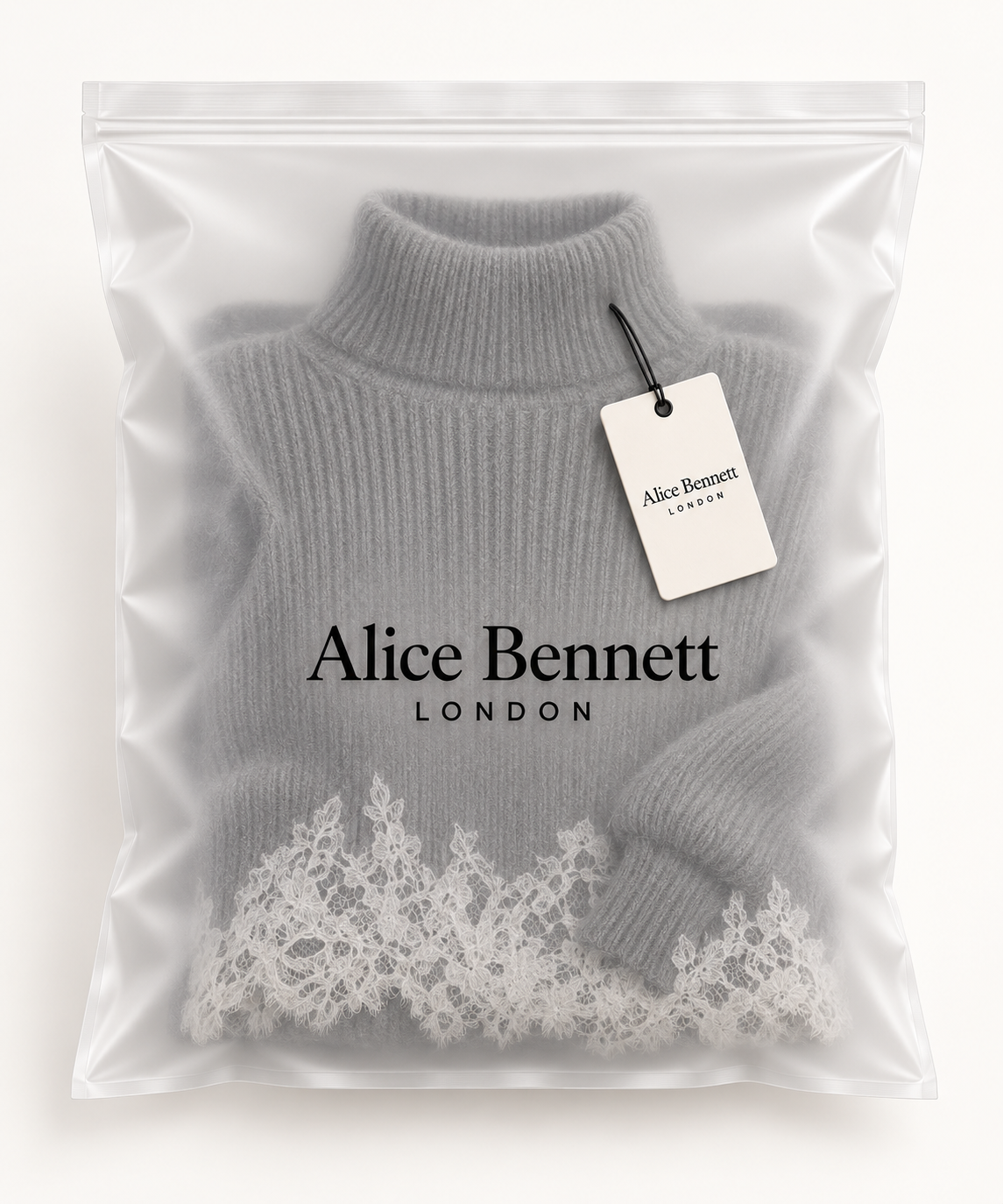 Grey lace-trim knit mini dress in Alice Bennett London packaging