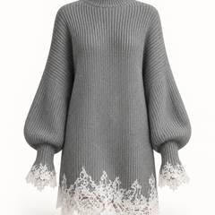 Grey lace-trim knit mini dress on a white background