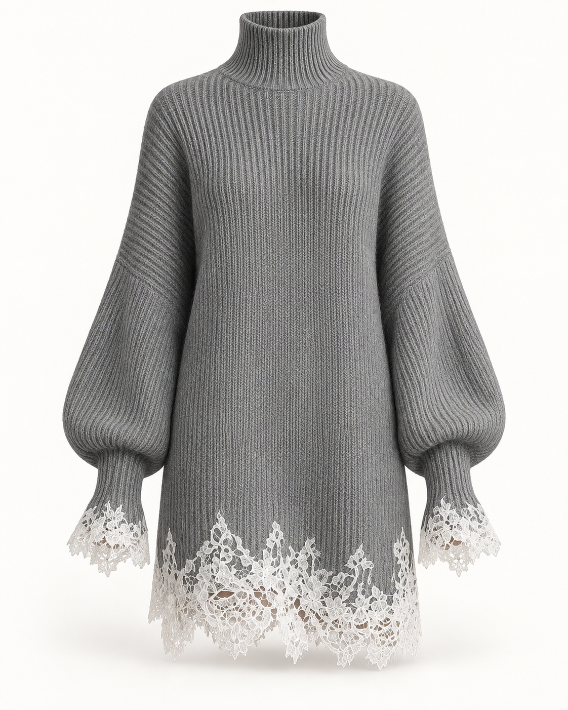 Grey lace-trim knit mini dress on a white background