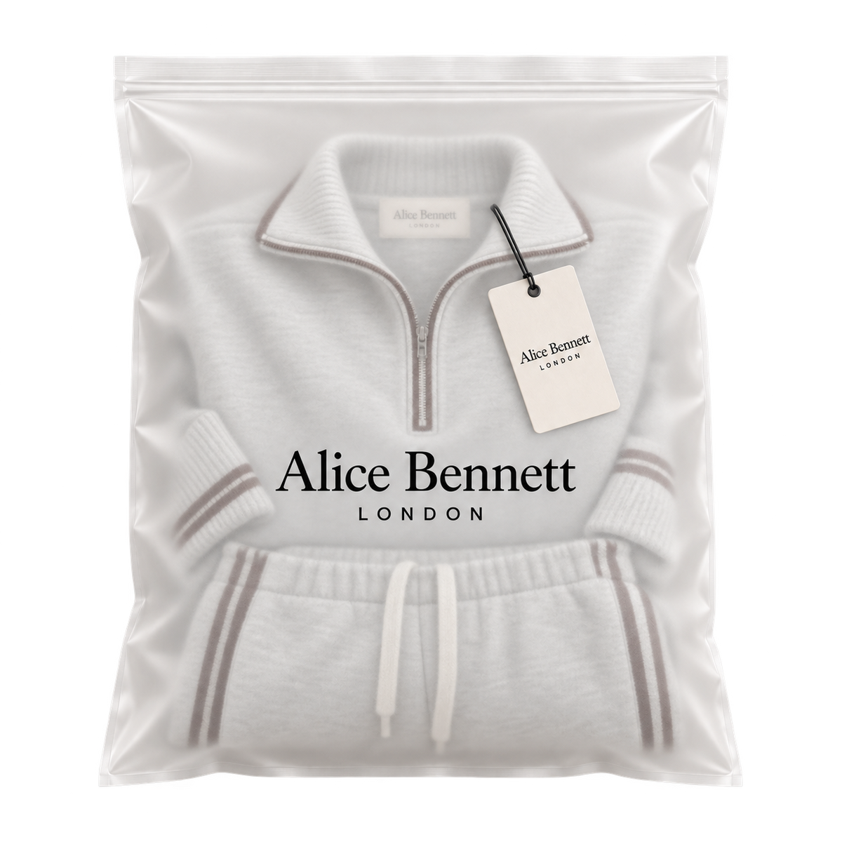 Grey White Half-Zip Sweatshirt and Wide-Leg Trousers Set in Alice Bennett London packaging