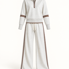 Grey White Half-Zip Sweatshirt and Wide-Leg Trousers Set on a white background