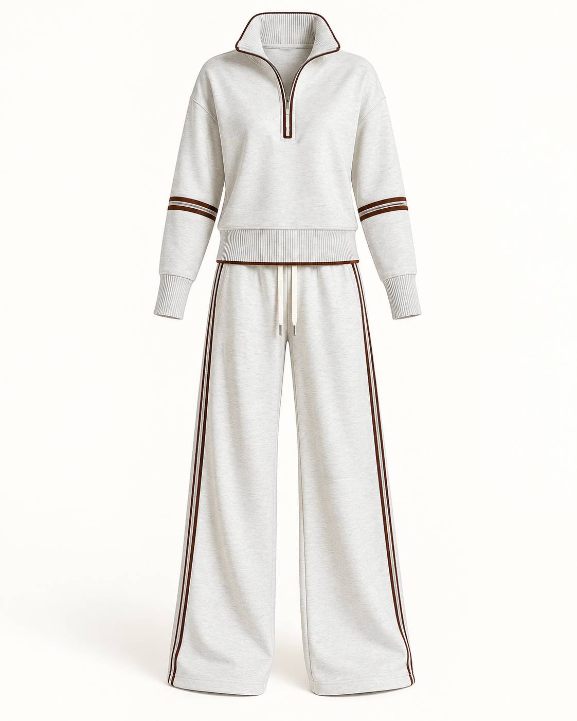 Grey White Half-Zip Sweatshirt and Wide-Leg Trousers Set on a white background