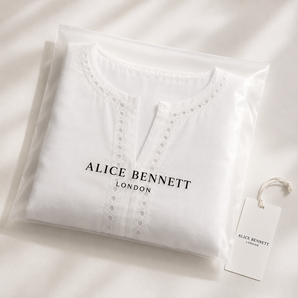 Folded Harlow premium linen midi dress in Alice Bennett London packaging