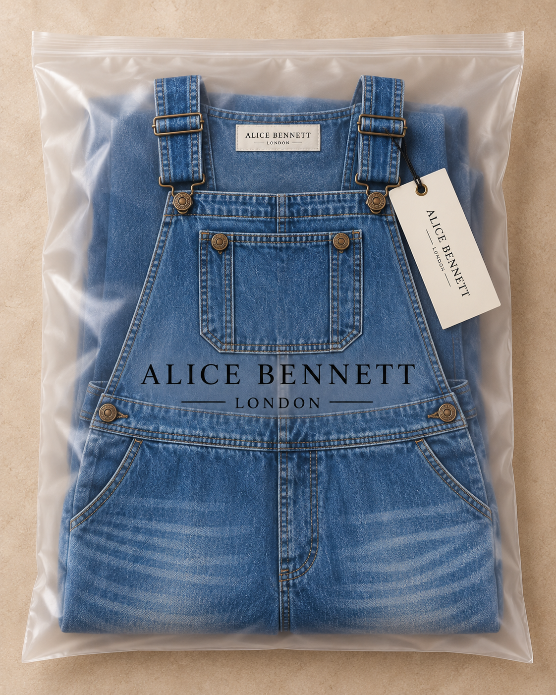 Harper wide-leg denim dungarees in Alice Bennett London branded packaging