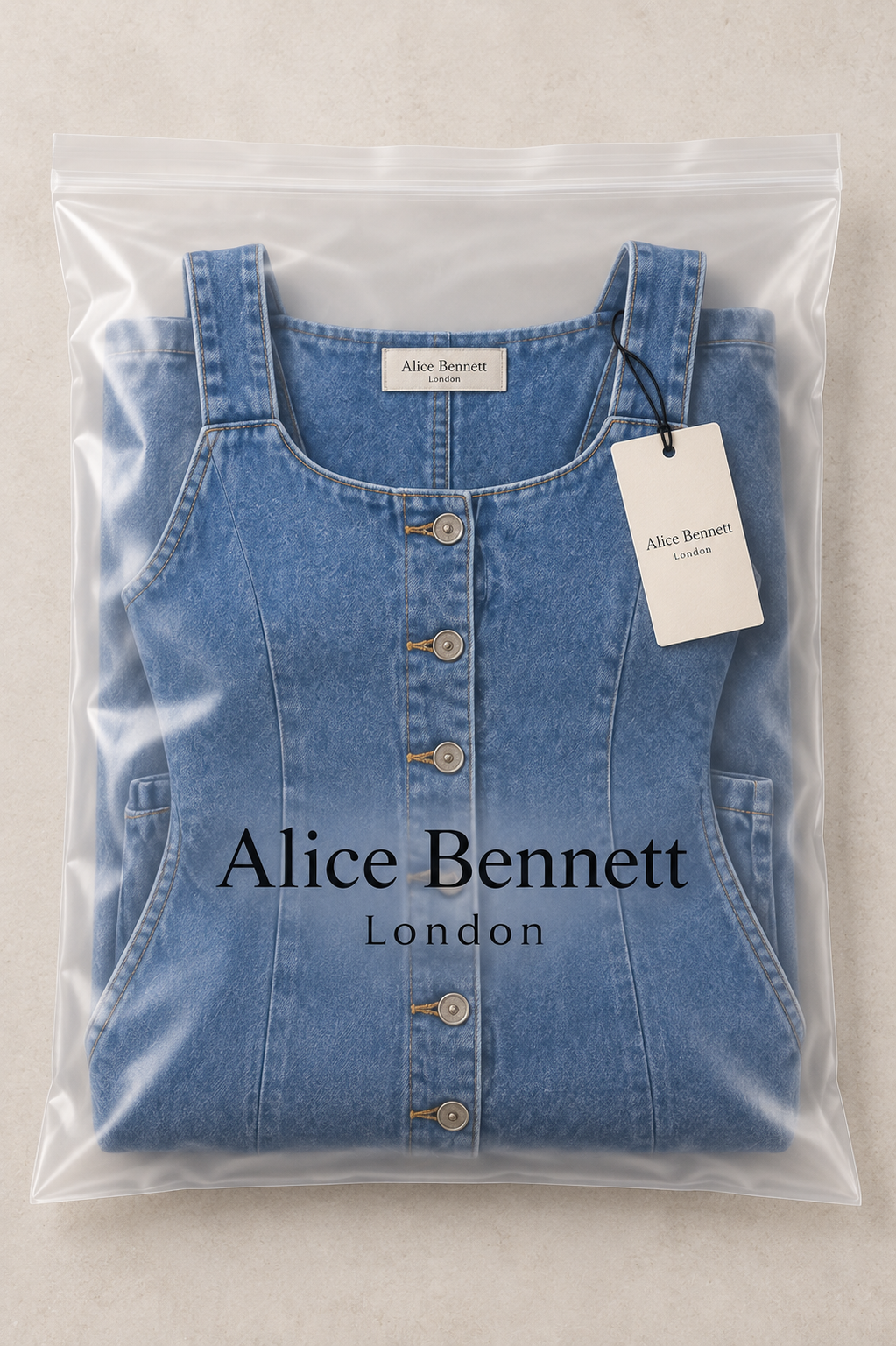 Heidi wide-leg denim jumpsuit in Alice Bennett London branded packaging