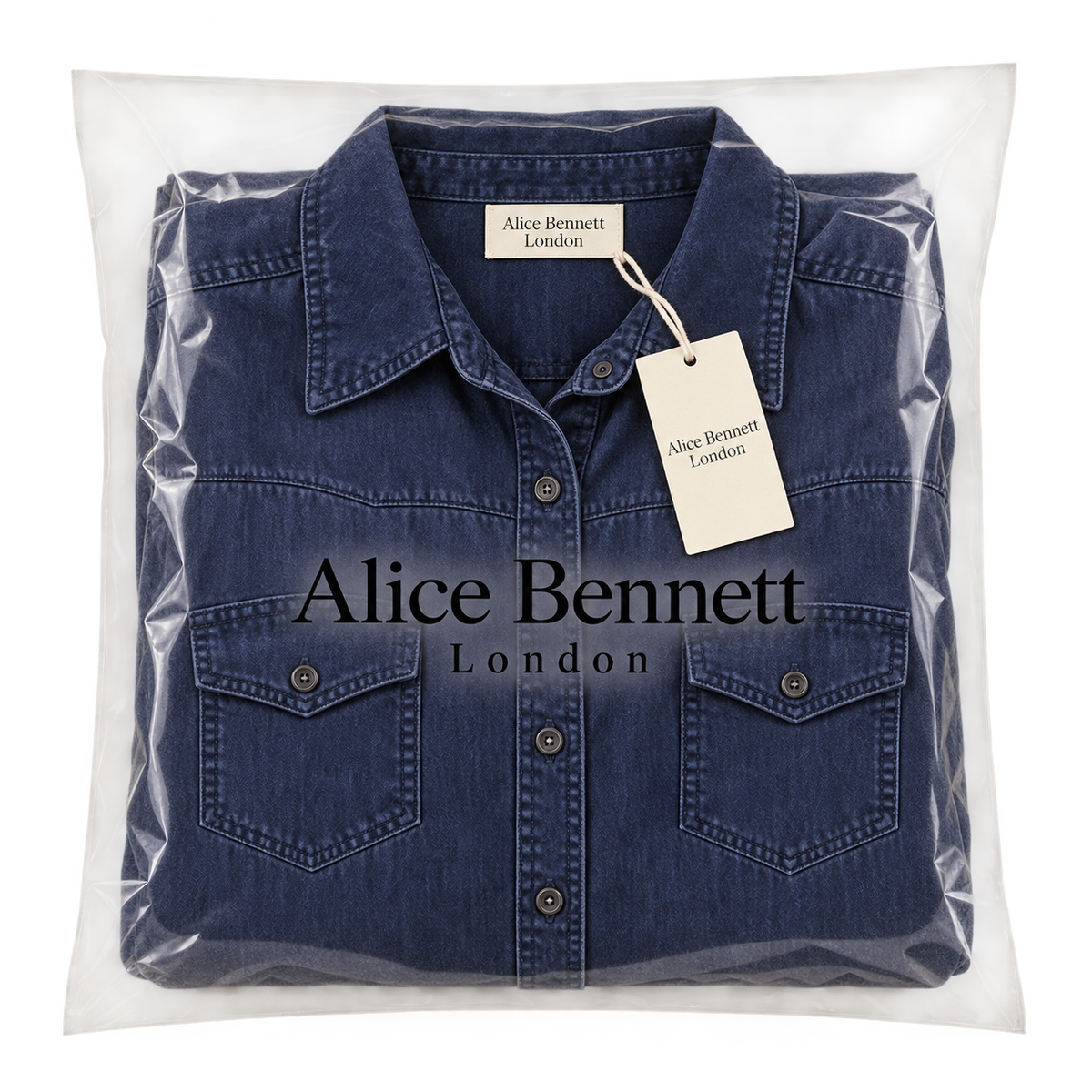 Helen denim shirt dress in Alice Bennett London packaging