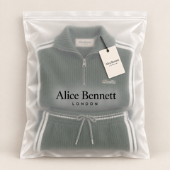 Helivessora green ribbed two-piece set in Alice Bennett London packaging