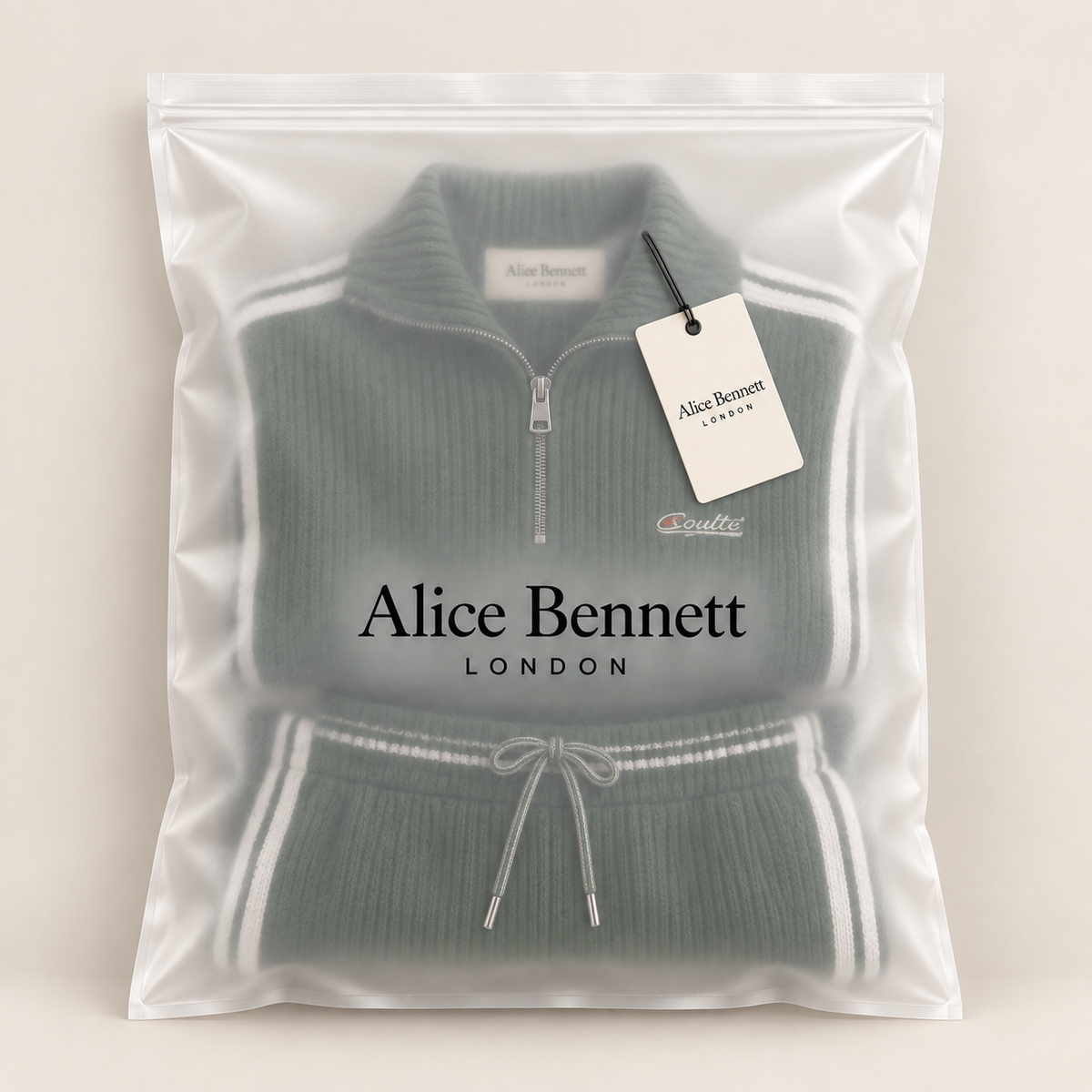 Helivessora green ribbed two-piece set in Alice Bennett London packaging