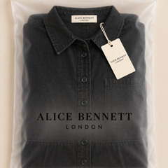 Hera black denim dress in Alice Bennett London packaging