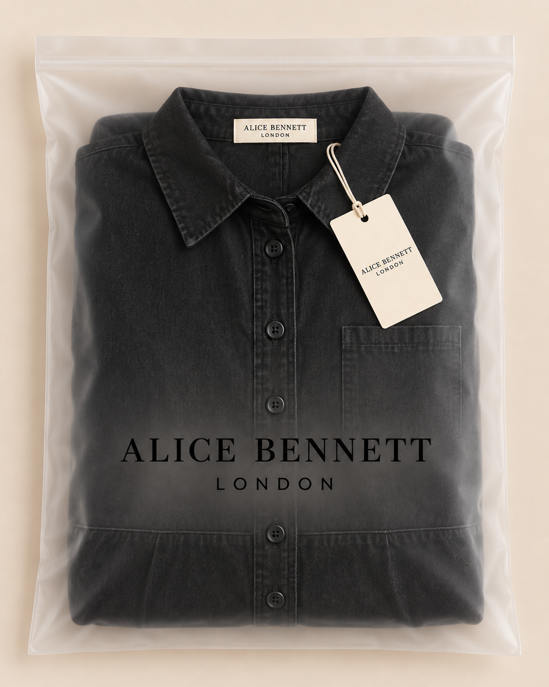 Hera black denim dress in Alice Bennett London packaging