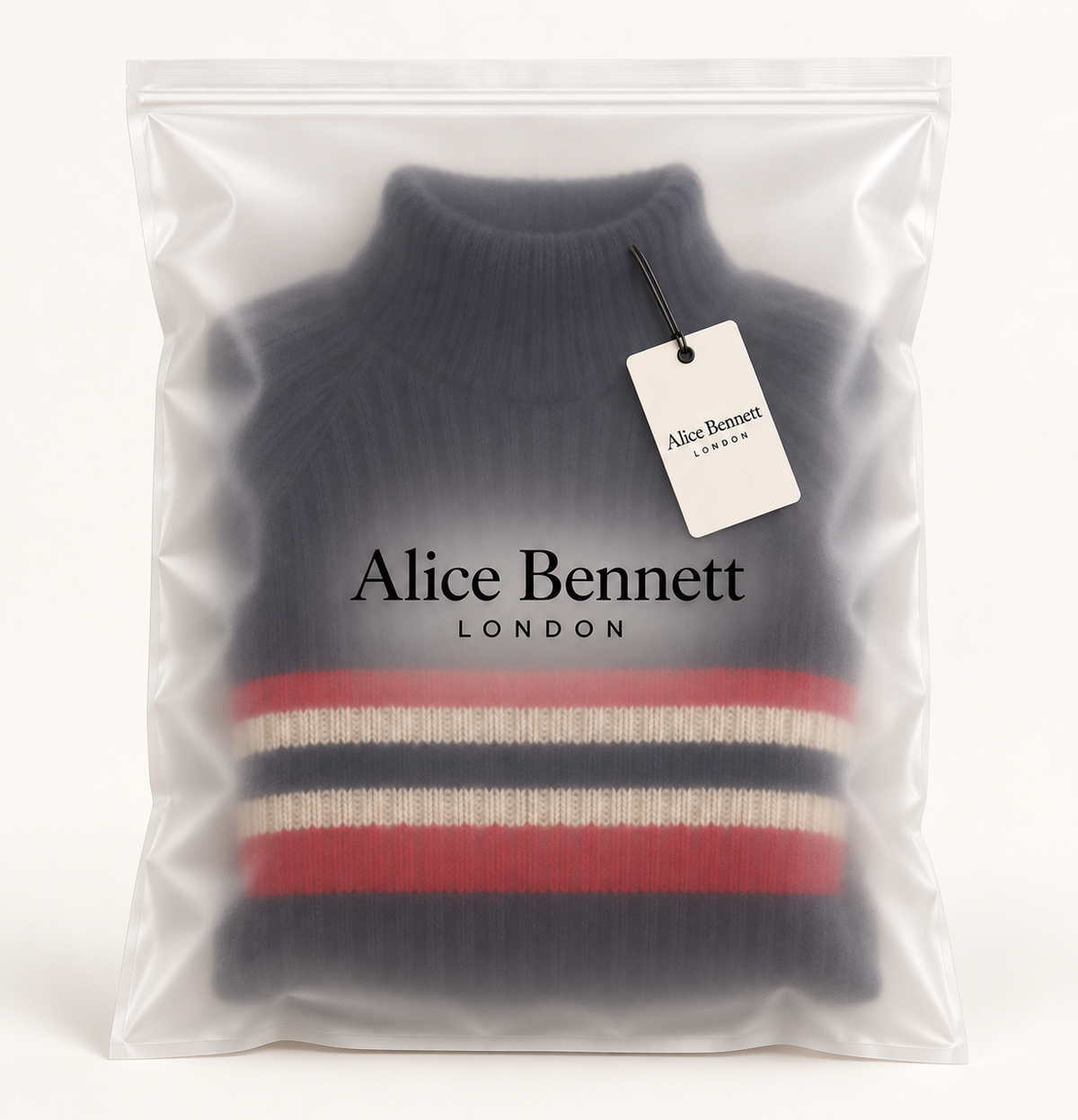 Navy striped knit mini dress in Alice Bennett London packaging