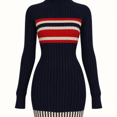 Navy striped knit mini dress on a white background