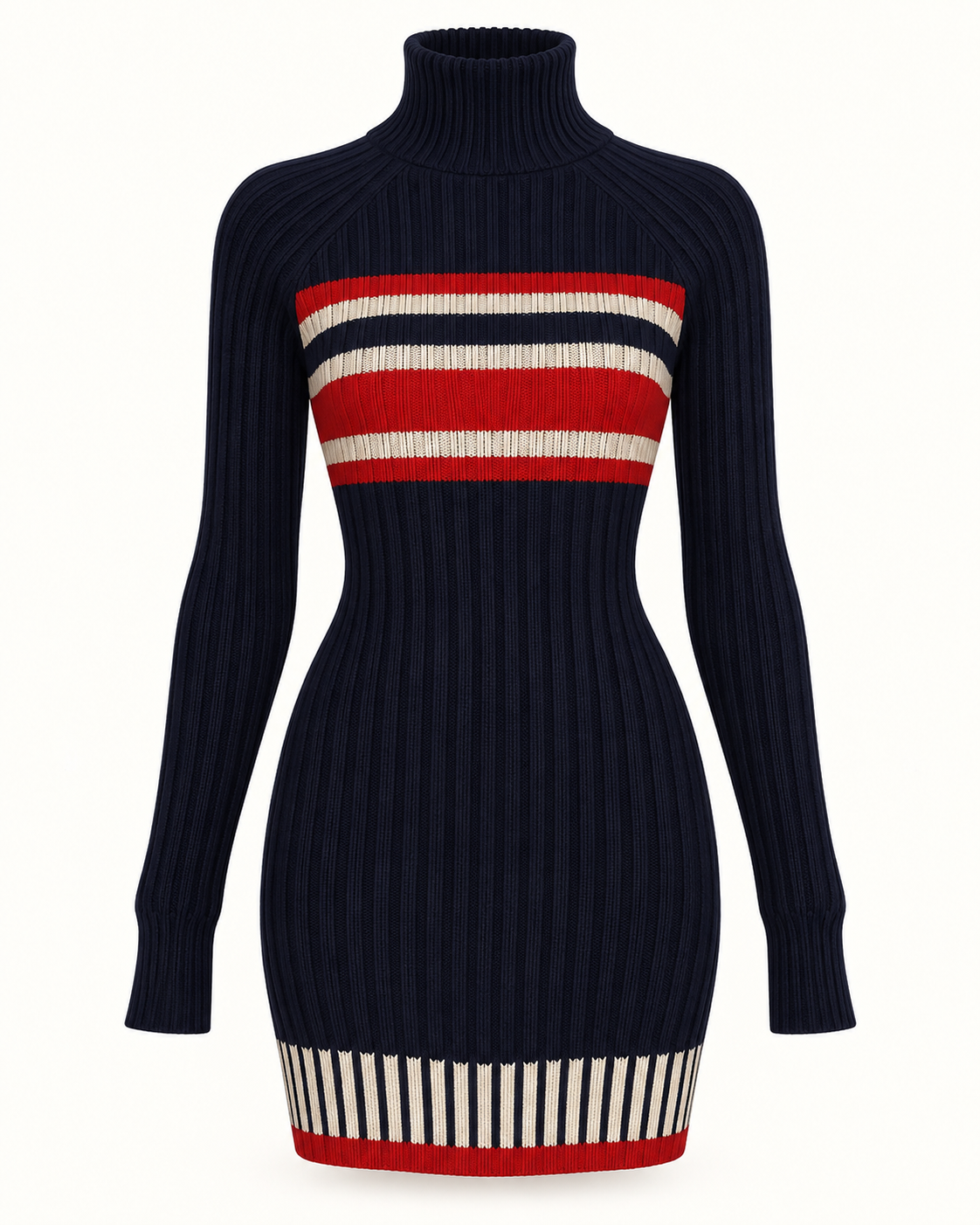 Navy striped knit mini dress on a white background