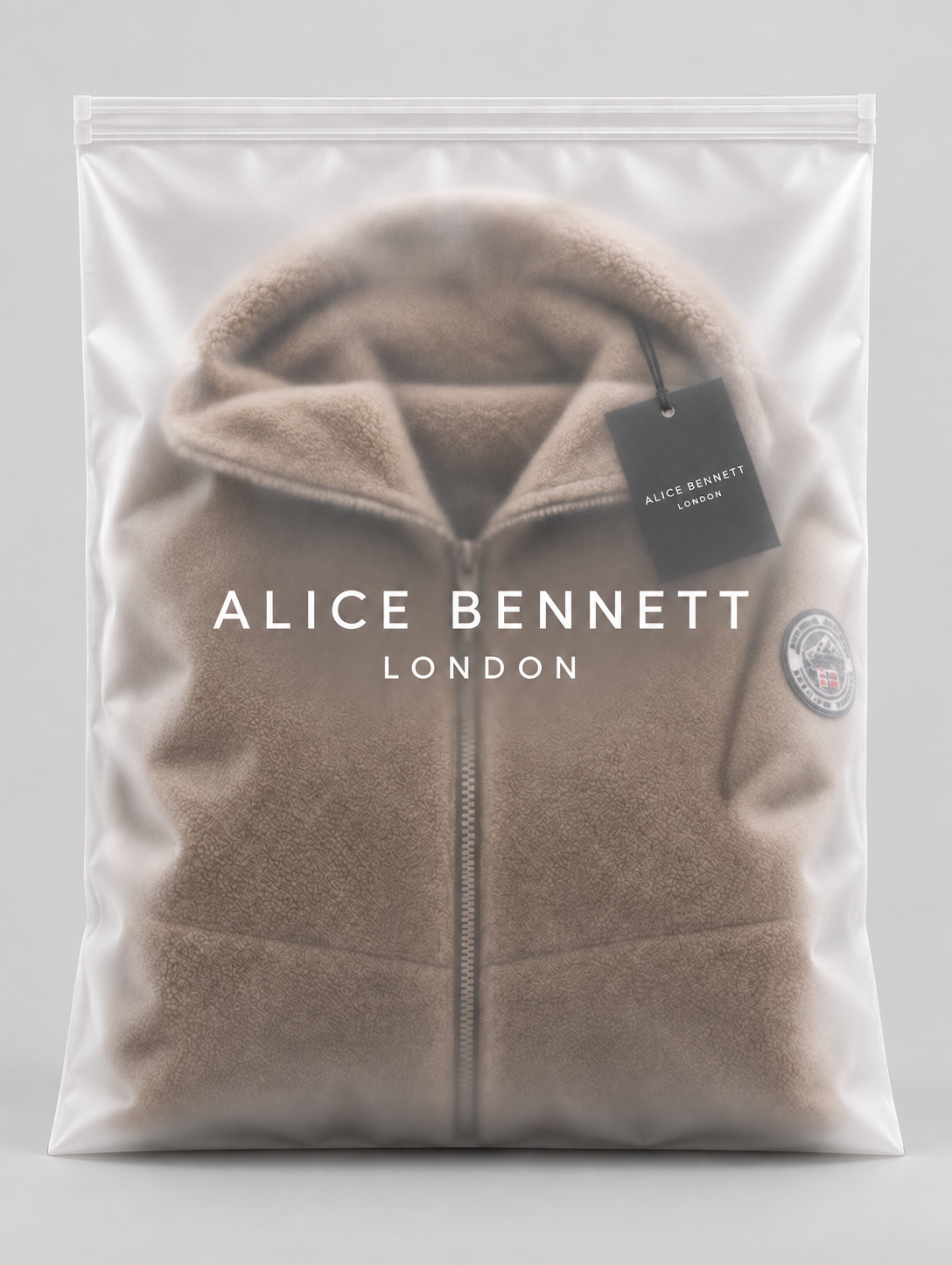 Hunter outdoor jacket in Alice Bennett London frosted packaging with visible sleeve badge