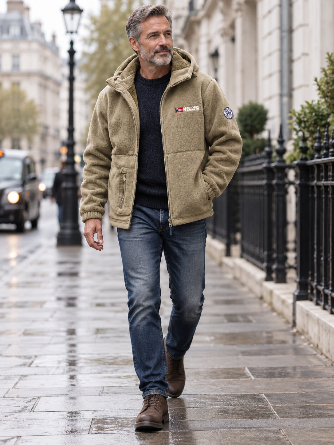 Hunter outdoor jacket worn by a mature man in London
