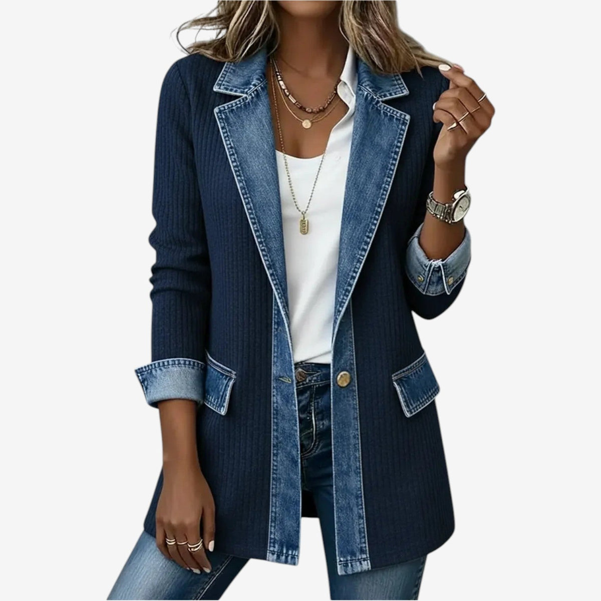 Soretta | Textured Denim-Trim Open-Front Jacket