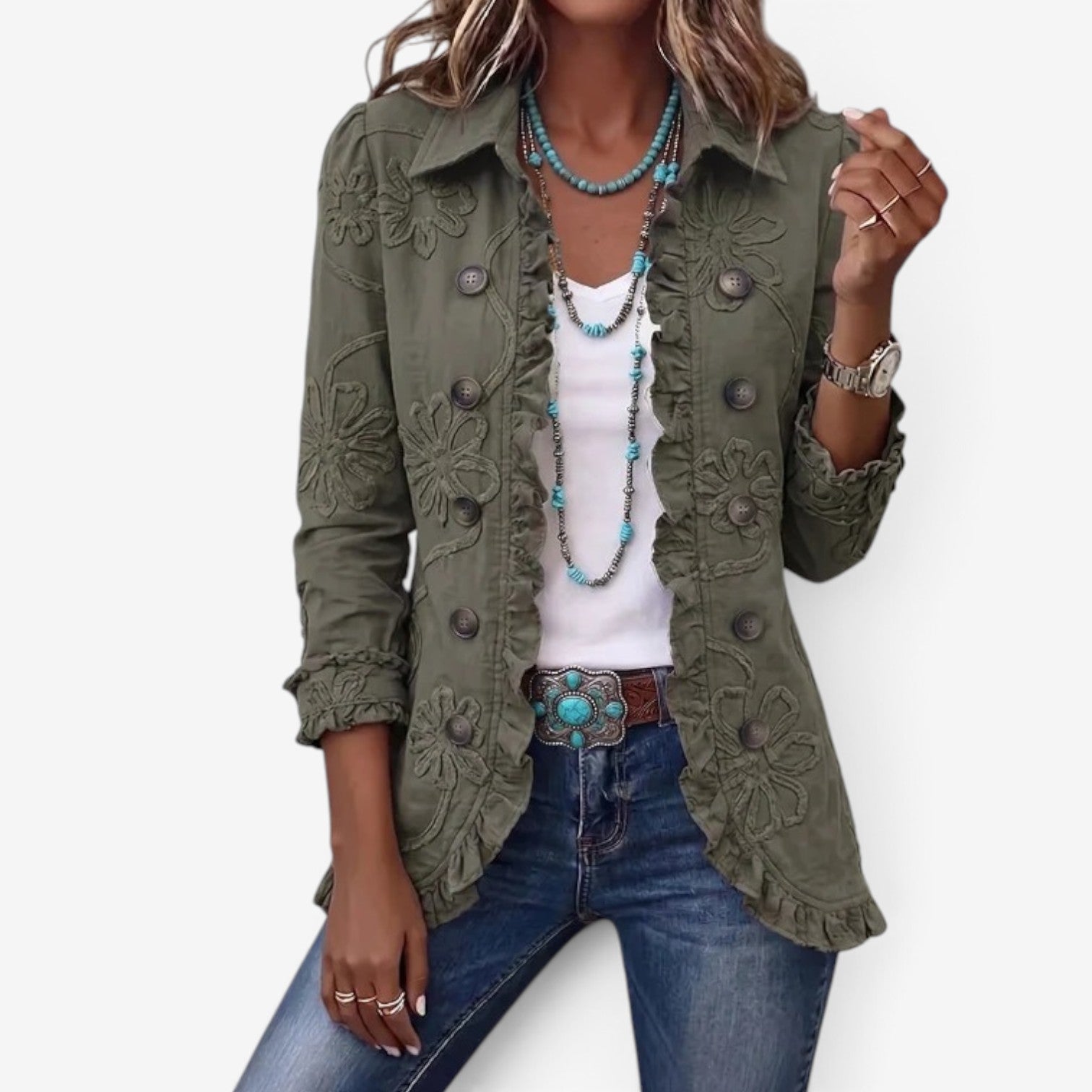 Shelaine – Floral Embroidered Ruffle Jacket
