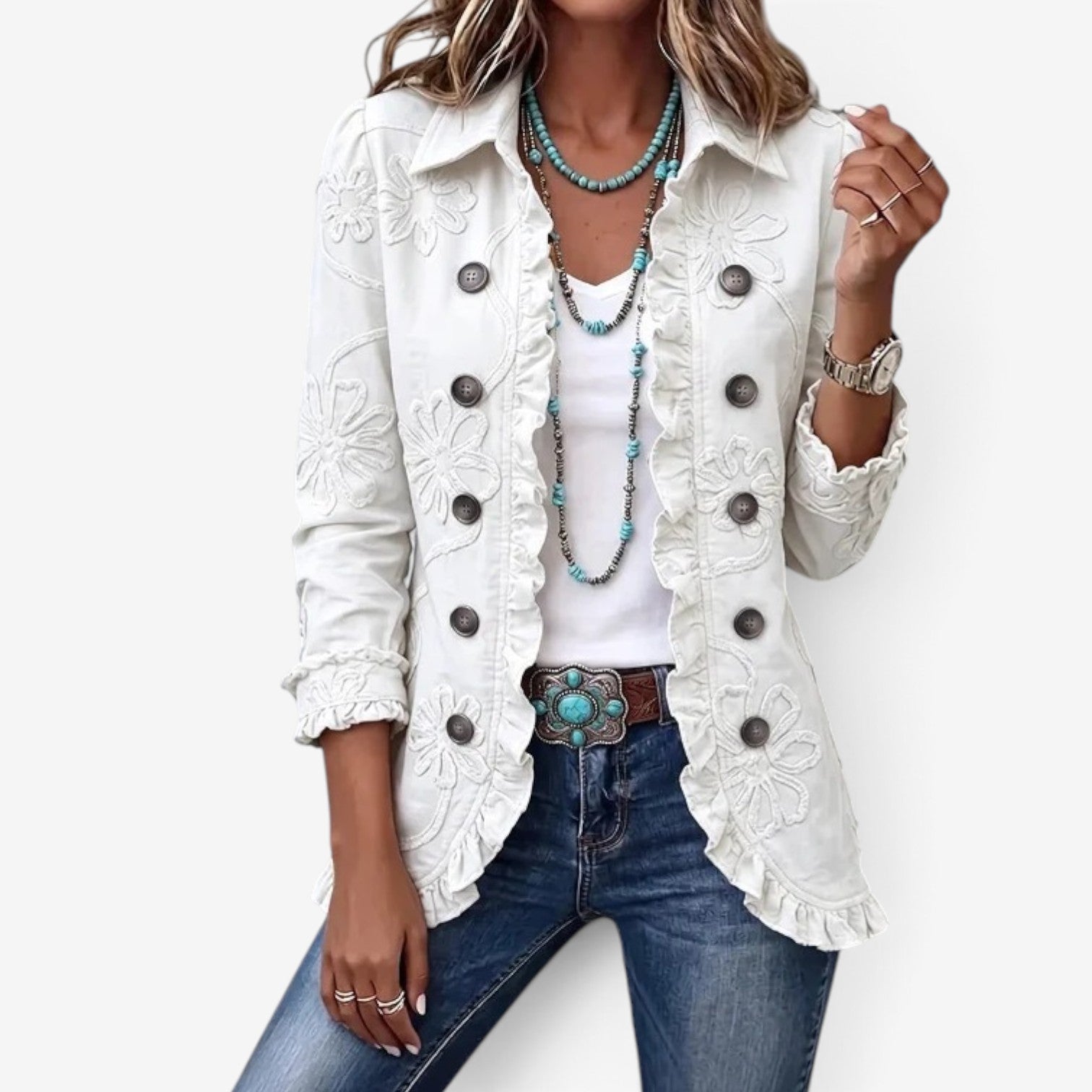 Shelaine – Floral Embroidered Ruffle Jacket
