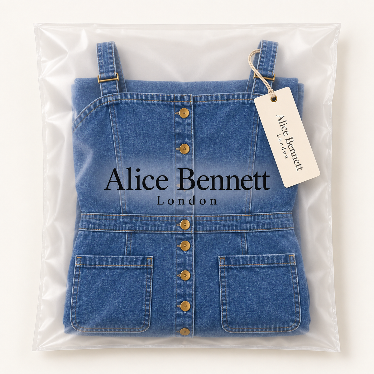 Indira button-up denim dress folded in Alice Bennett London polybag