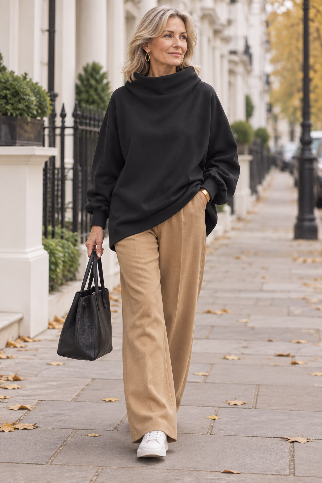 Isabella high-neck relaxed sweater worn by a woman in London