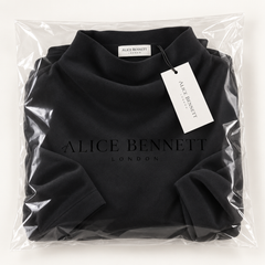 Isabella high-neck relaxed sweater in Alice Bennett London packaging with hangtag and neck label