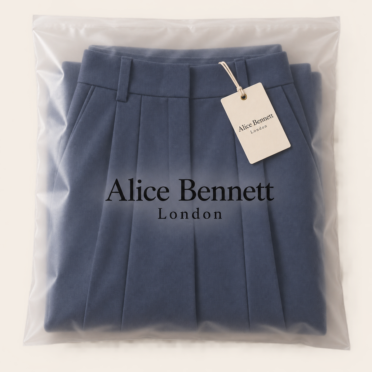 Isabella high-waisted wide-leg trousers folded inside an Alice Bennett London branded polybag with hangtag