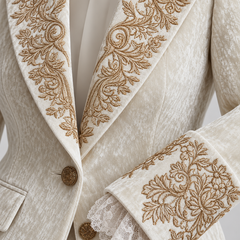 Close-up of ivory embroidered tailored blazer lapel and cuff