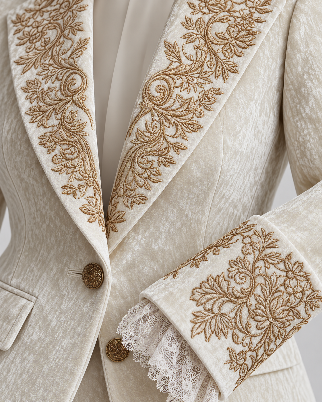 Close-up of ivory embroidered tailored blazer lapel and cuff