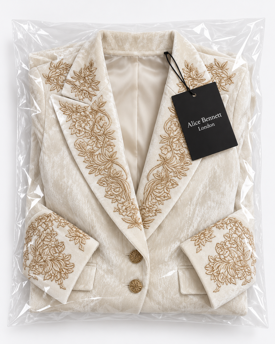Ivory embroidered tailored blazer in Alice Bennett London packaging