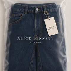Ivy dark indigo denim jeans in Alice Bennett London branded packaging