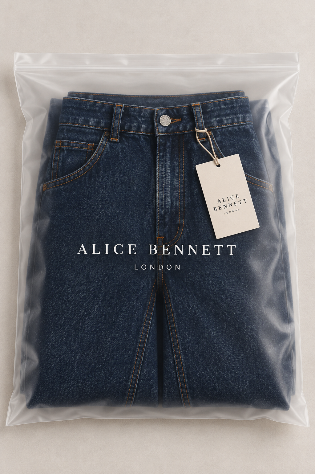 Ivy dark indigo denim jeans in Alice Bennett London branded packaging