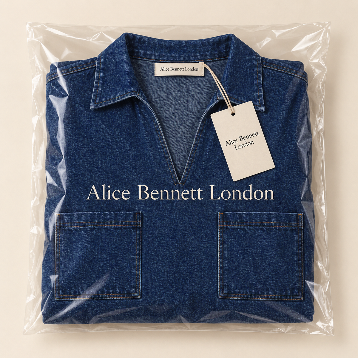 Jade dark indigo denim shift dress folded in Alice Bennett London branded packaging