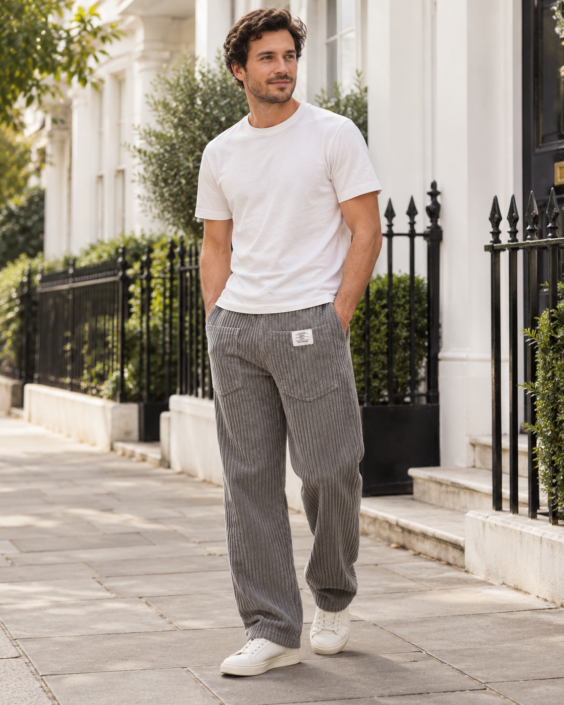 Jeroen ribbed relaxed-fit trousers worn by a male model in London
