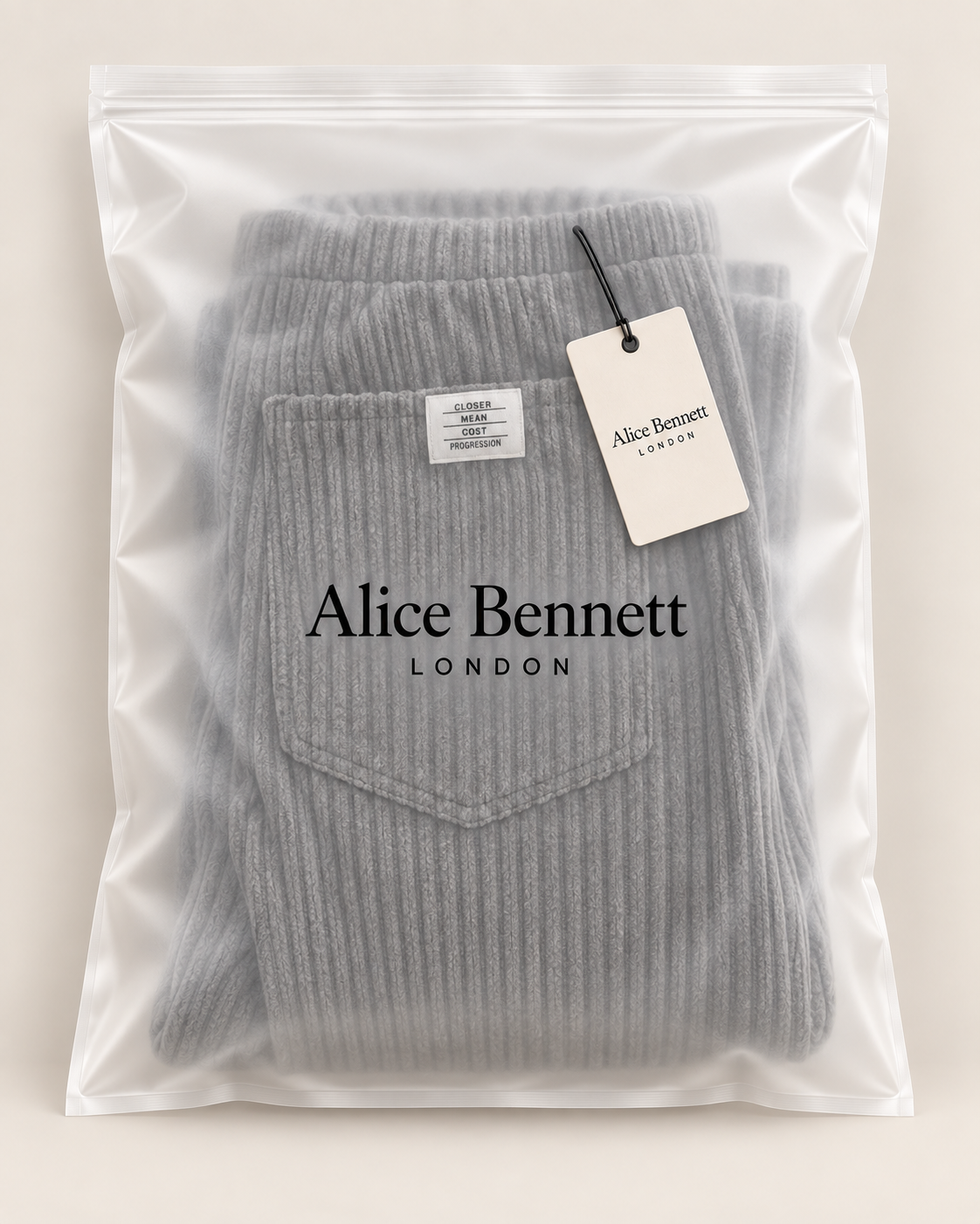 Jeroen ribbed relaxed-fit trousers in Alice Bennett London packaging