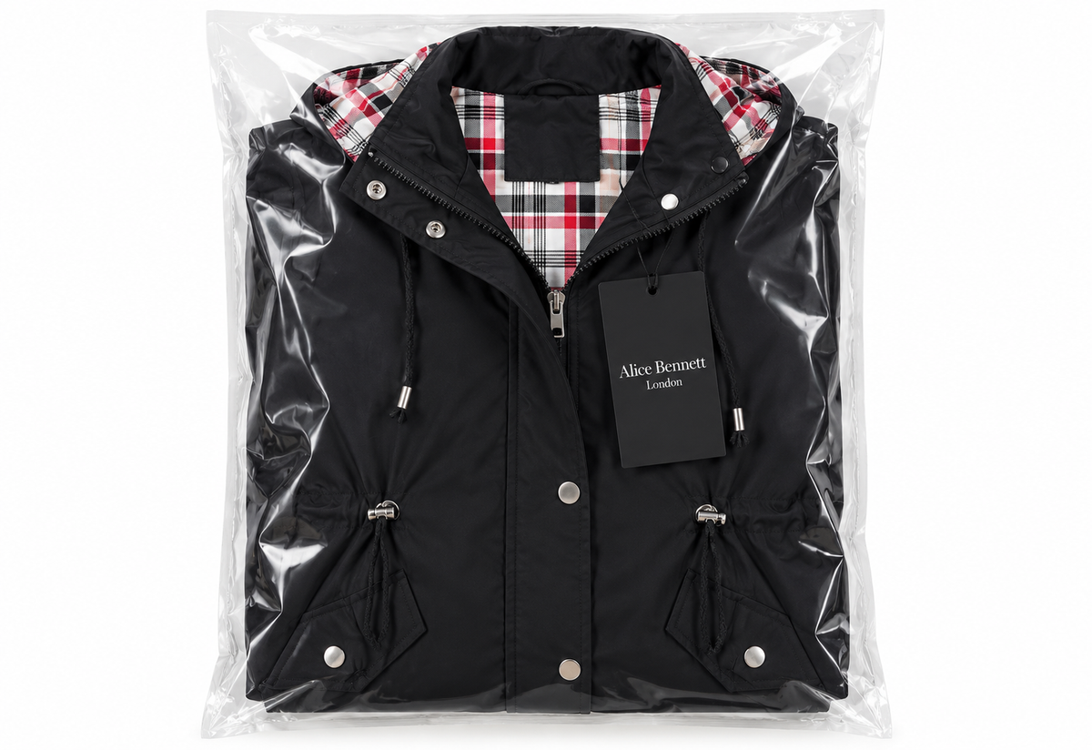 Jessalique all-weather rain jacket in Alice Bennett London packaging