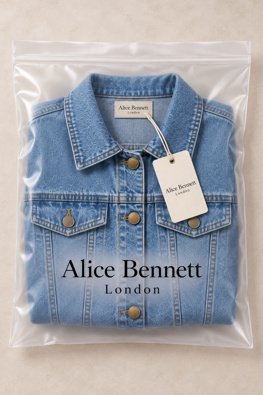 Jessica textured cropped denim jacket in Alice Bennett London branded packaging