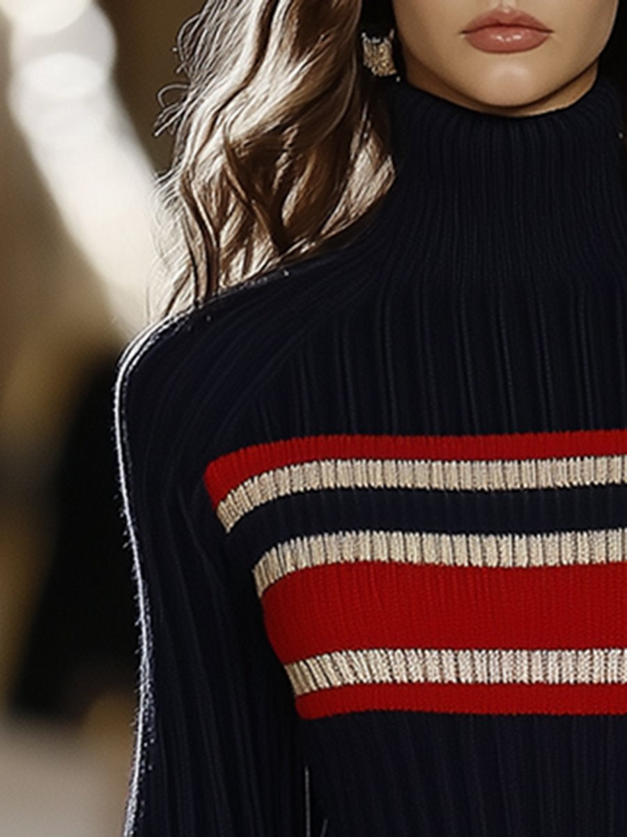 French-Inspired High-Neck Striped Knit Mini Dress