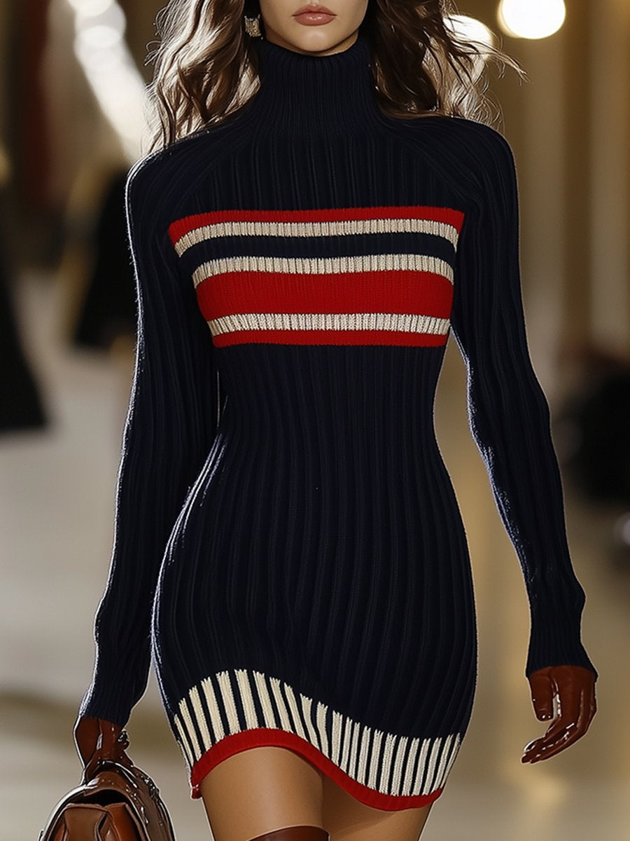 French-Inspired High-Neck Striped Knit Mini Dress
