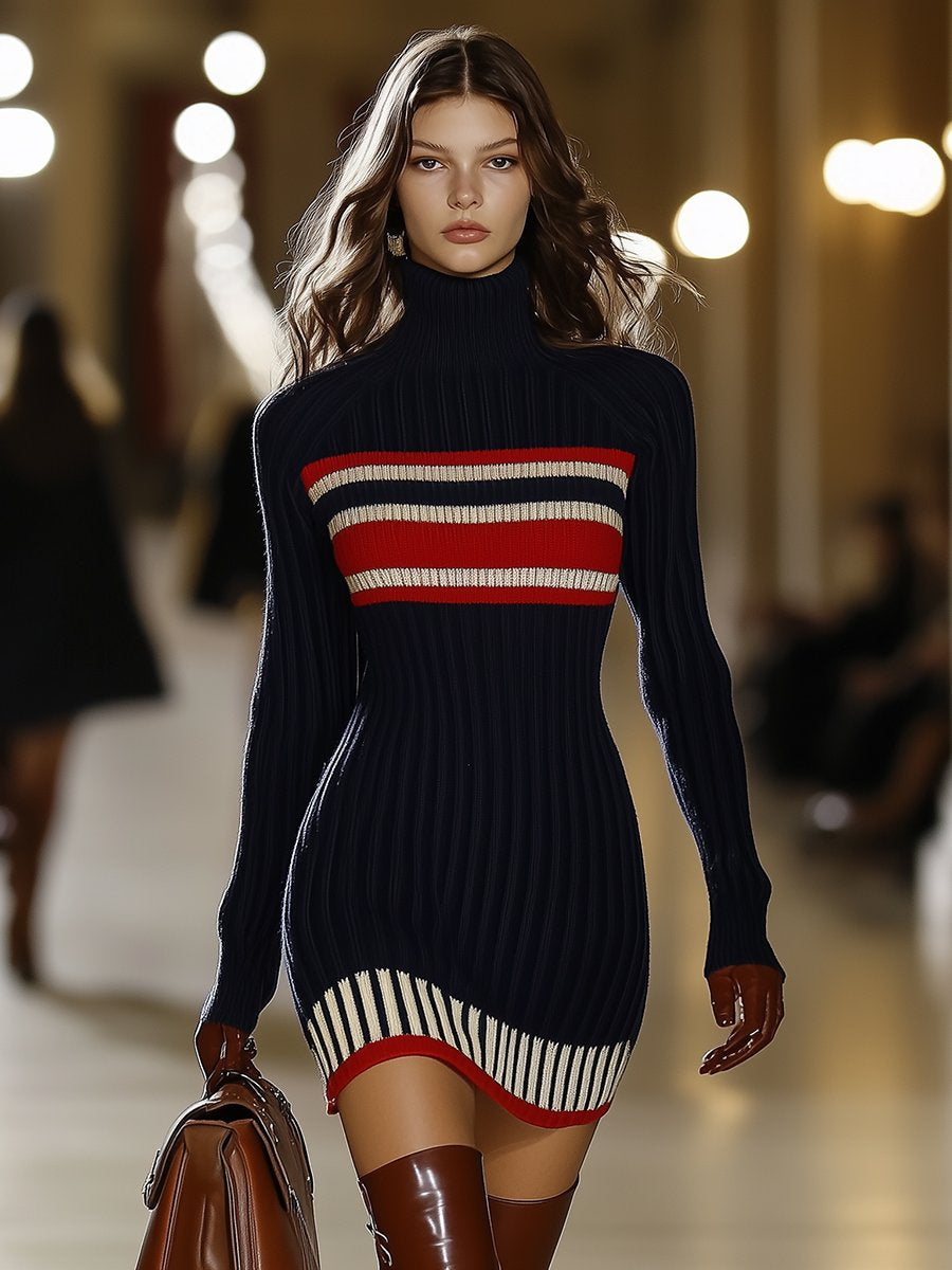 French-Inspired High-Neck Striped Knit Mini Dress