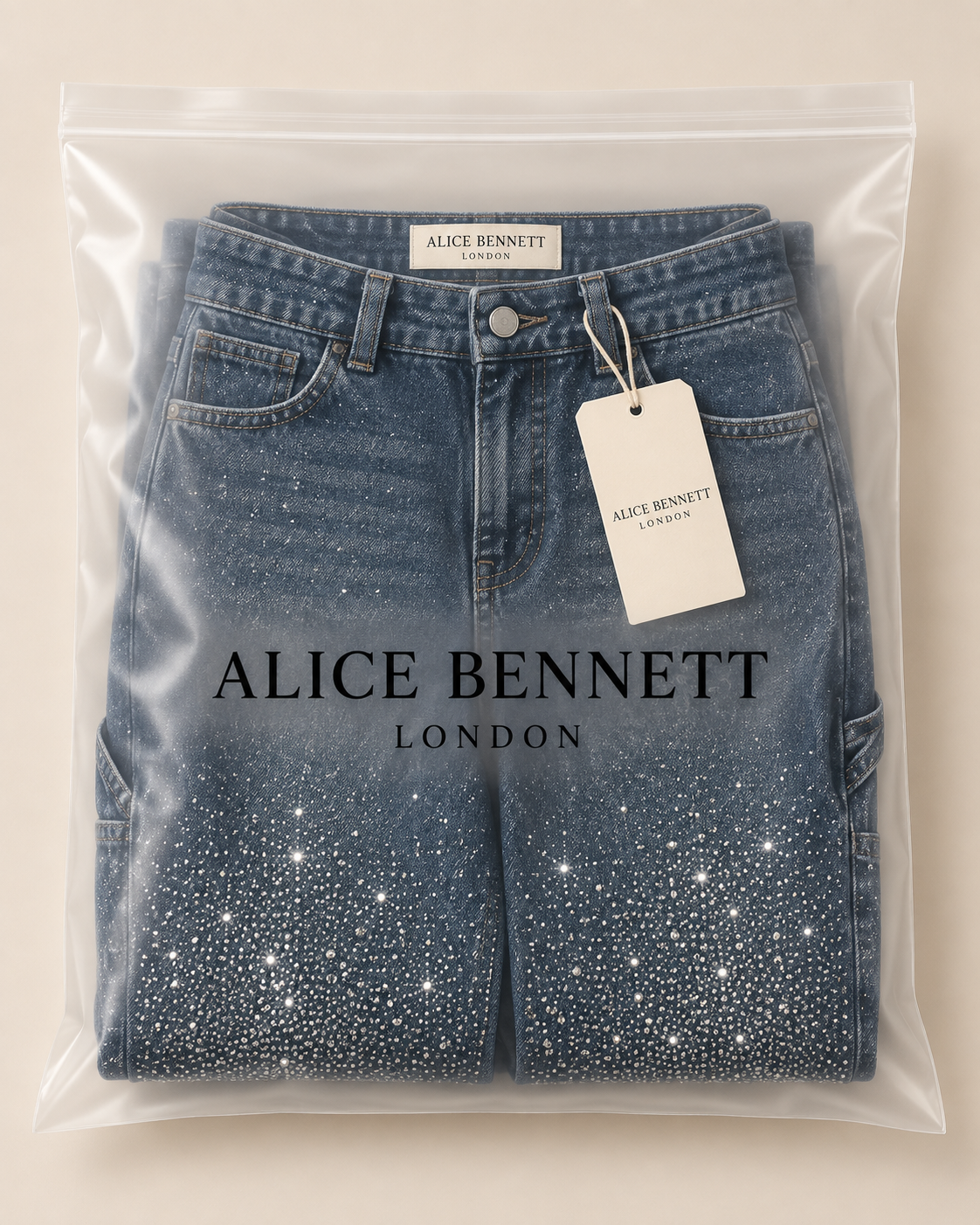 Julia | Glittered Balloon Carpenter Jeans in Alice Bennett London packaging